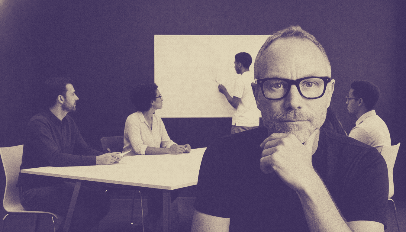 Falk Gottlob at the corner of a long table listening while a colleague sketches at a whiteboard, violet duotone.