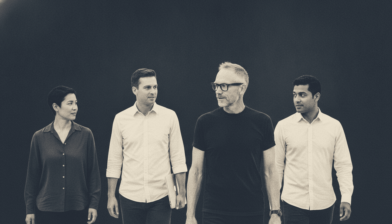 Falk Gottlob walking down a corridor with three colleagues mid-conversation, charcoal duotone.