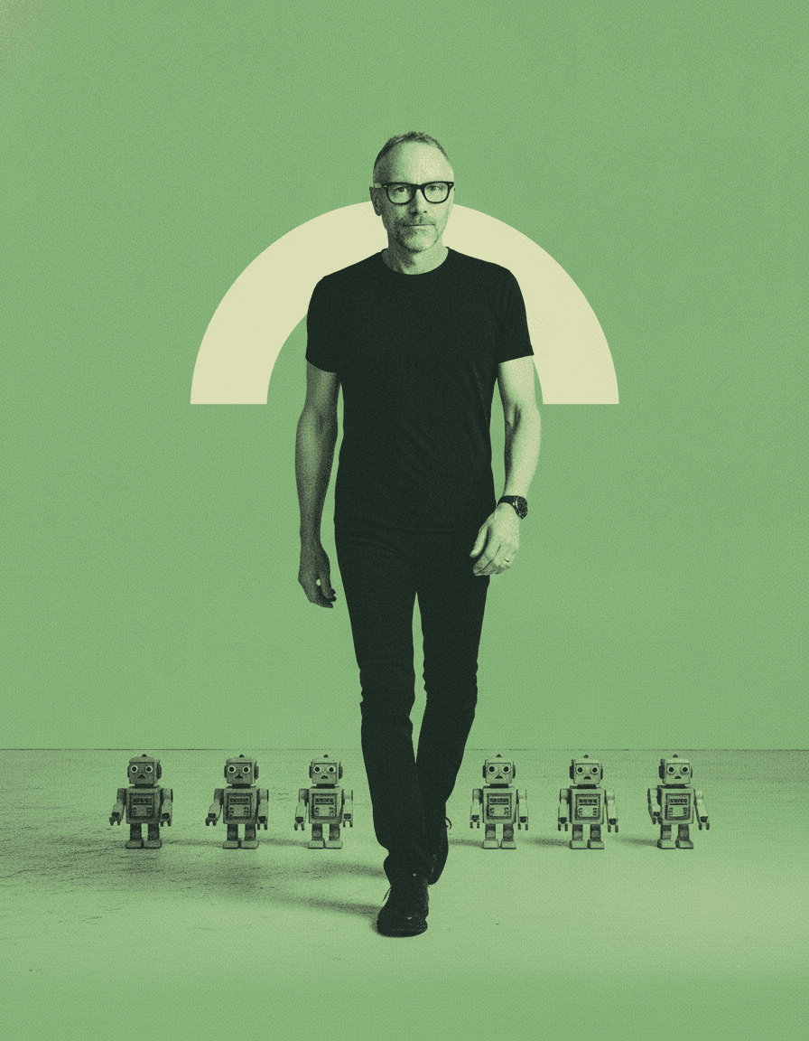 Falk Gottlob walking toward the camera with six small toy robots following in single file, green duotone.