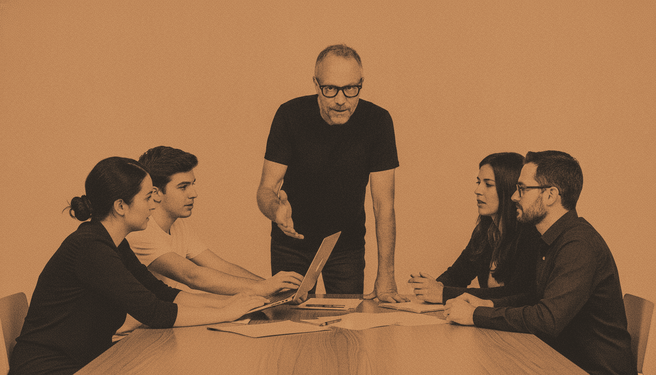 Falk Gottlob standing at a table making a point while three colleagues lean in, amber duotone.